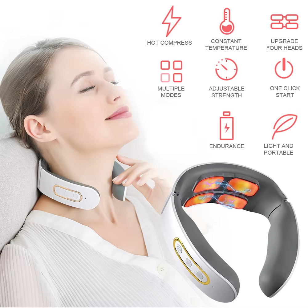 Electric Neck and Shoulder Pulse Massager 6 Mode 9 Levels Adjustable Heat Cervical Vertebra Relax Pain Relief Kneading Machine